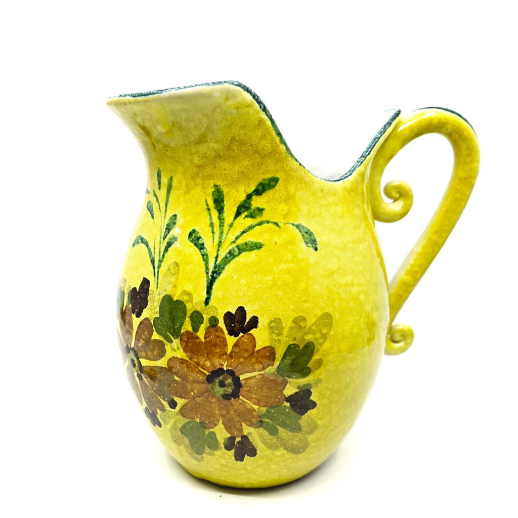 Hand-Painted Italian Ceramic Pitcher With Floral Design & Curved Handle - Yellow & Green