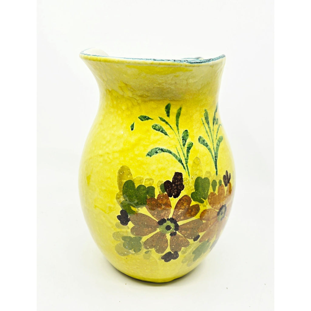 Hand-Painted Italian Ceramic Pitcher With Floral Design & Curved Handle - Yellow & Green