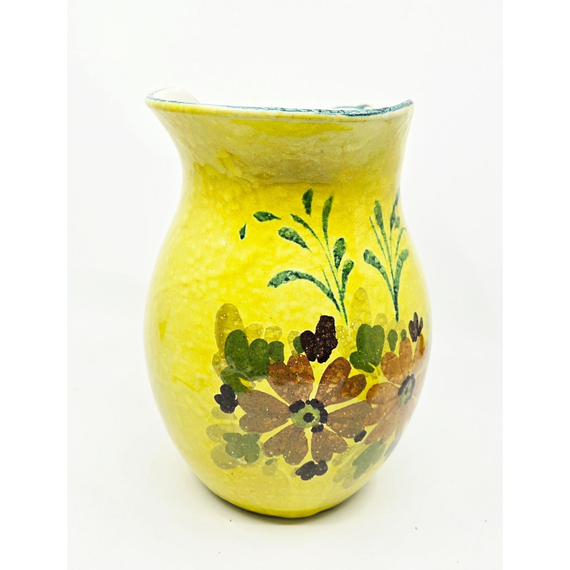 Hand-Painted Italian Ceramic Pitcher With Floral Design & Curved Handle - Yellow & Green