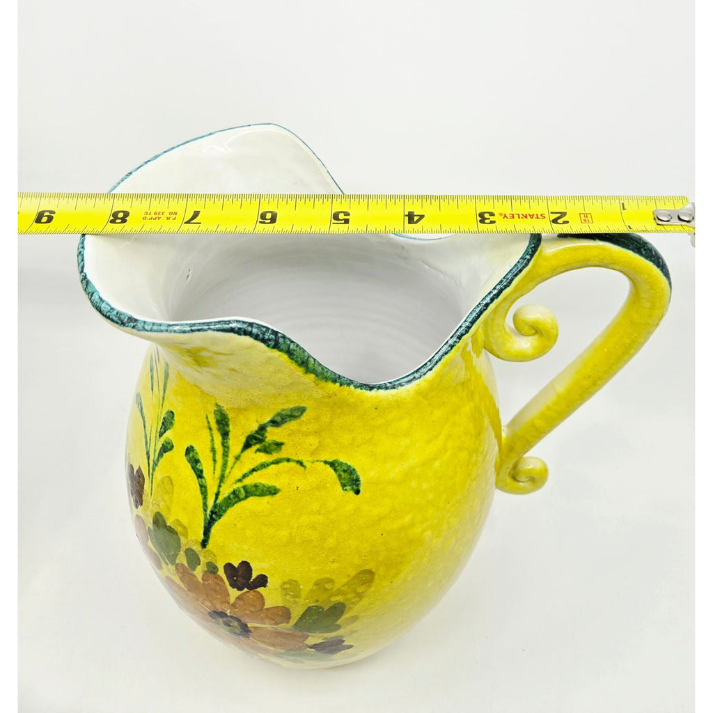 Hand-Painted Italian Ceramic Pitcher With Floral Design & Curved Handle - Yellow & Green