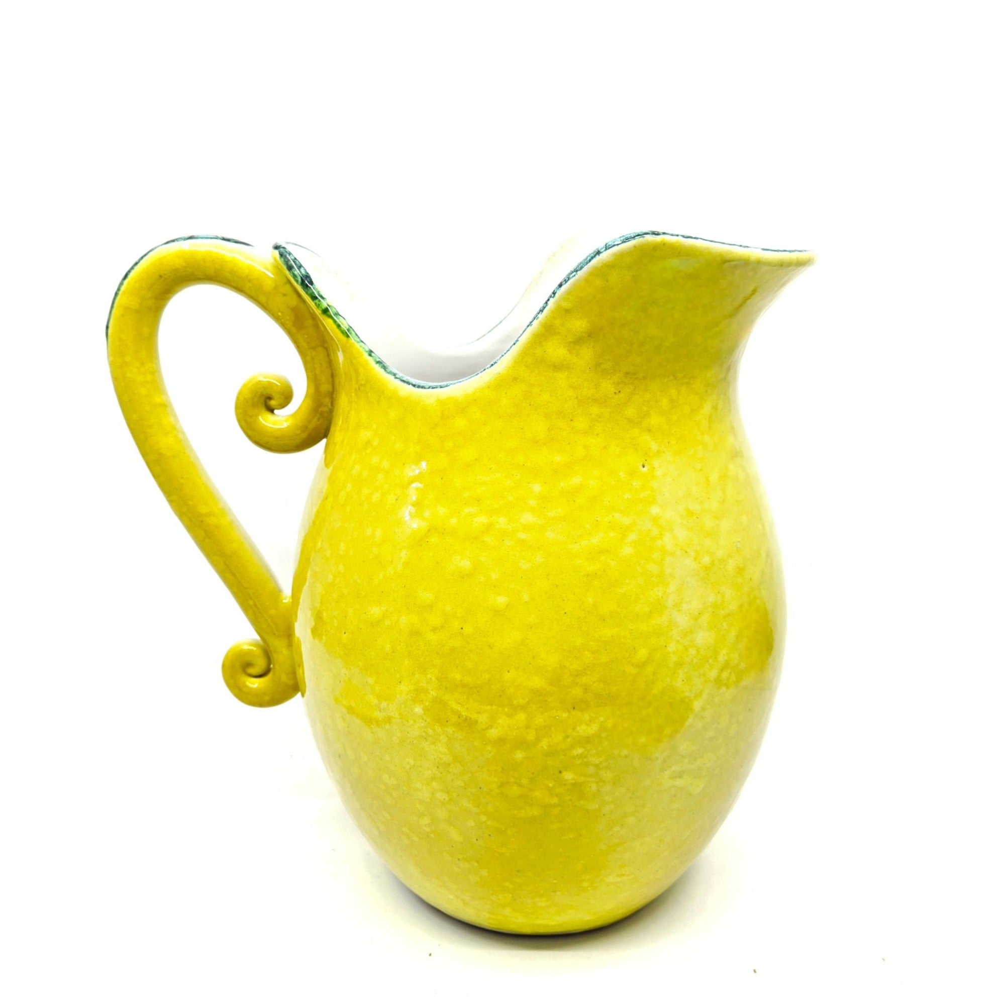 Hand-Painted Italian Ceramic Pitcher With Floral Design & Curved Handle - Yellow & Green