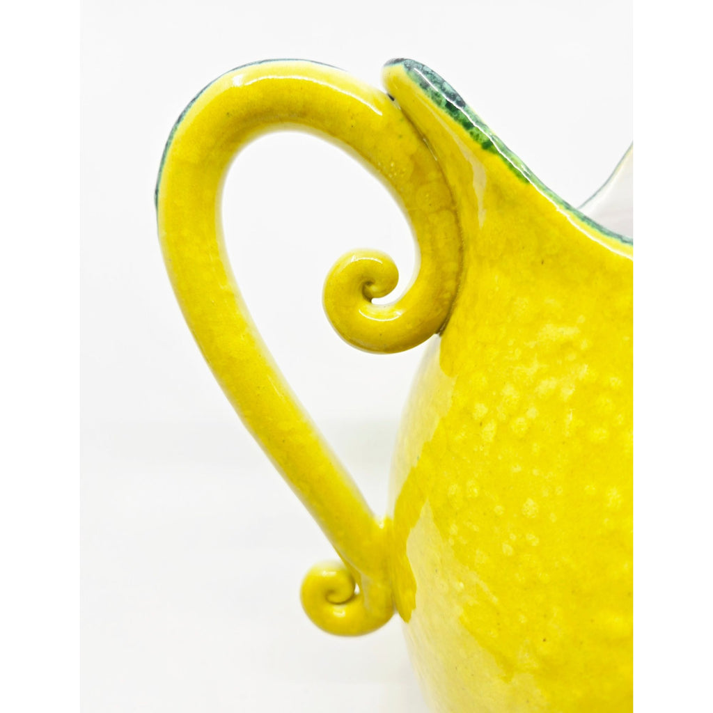 Hand-Painted Italian Ceramic Pitcher With Floral Design & Curved Handle - Yellow & Green