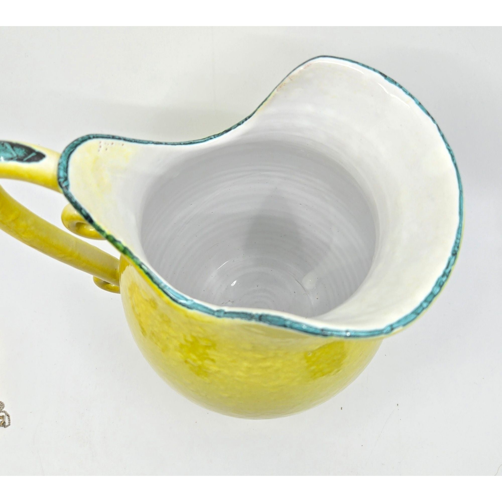 Hand-Painted Italian Ceramic Pitcher With Floral Design & Curved Handle - Yellow & Green