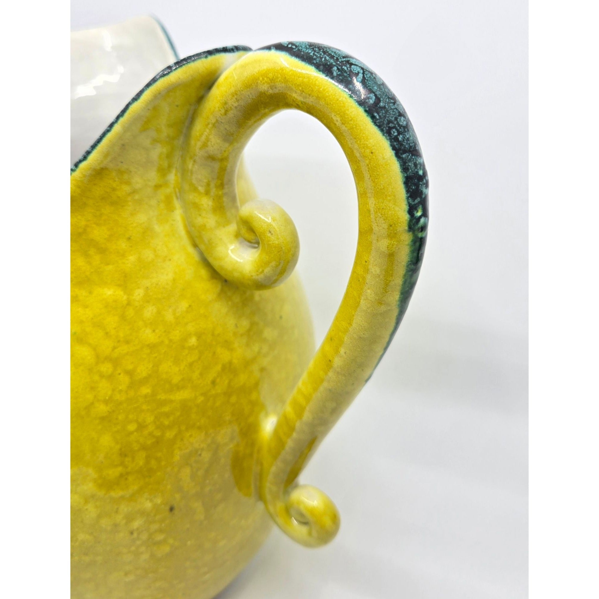Hand-Painted Italian Ceramic Pitcher With Floral Design & Curved Handle - Yellow & Green
