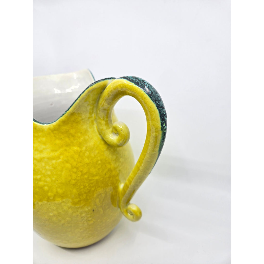 Hand-Painted Italian Ceramic Pitcher With Floral Design & Curved Handle - Yellow & Green