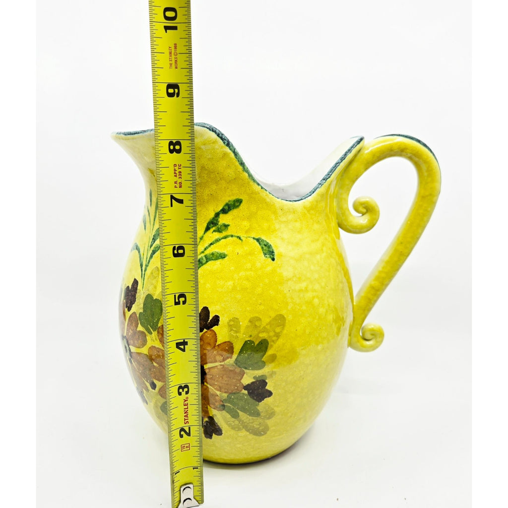 Hand-Painted Italian Ceramic Pitcher With Floral Design & Curved Handle - Yellow & Green