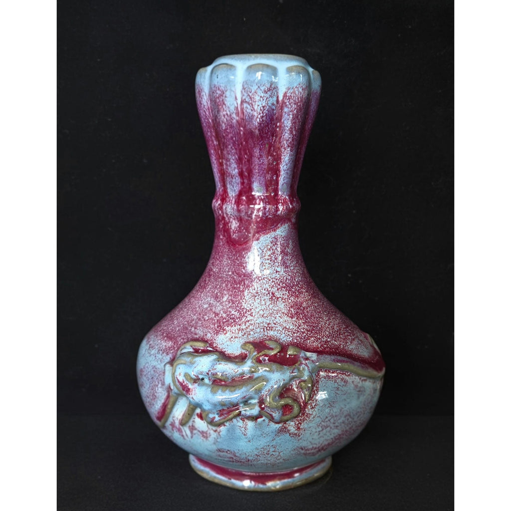 1980s Flambe Chinese Purple & Blue Glazed Ceramic Vase With Dragon Motif 9 in Tall Decorative