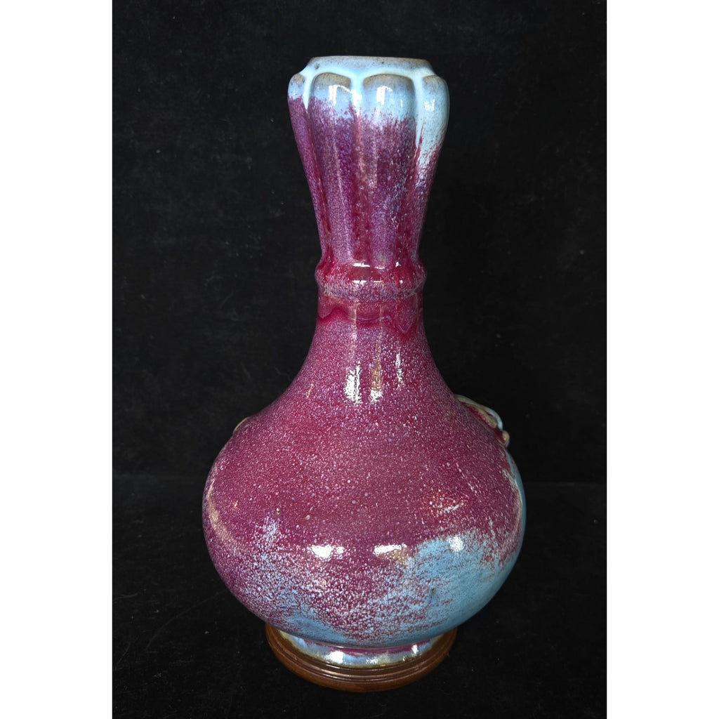 1980s Flambe Chinese Purple & Blue Glazed Ceramic Vase With Dragon Motif 9 in Tall Decorative