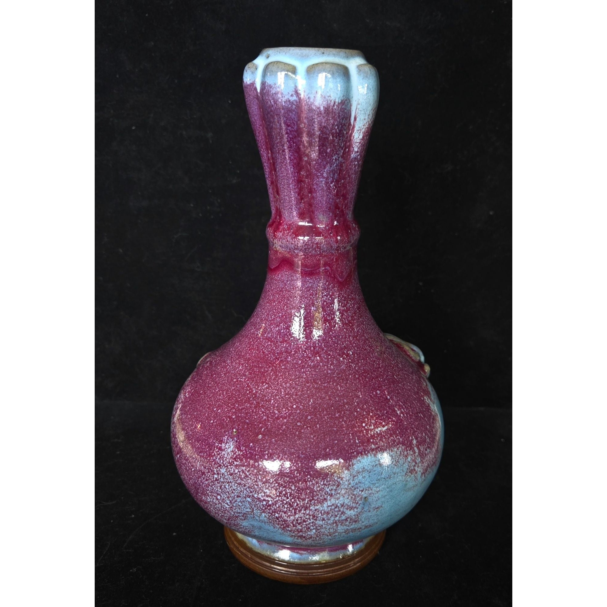 1980s Flambe Chinese Purple & Blue Glazed Ceramic Vase With Dragon Motif 9 in Tall Decorative