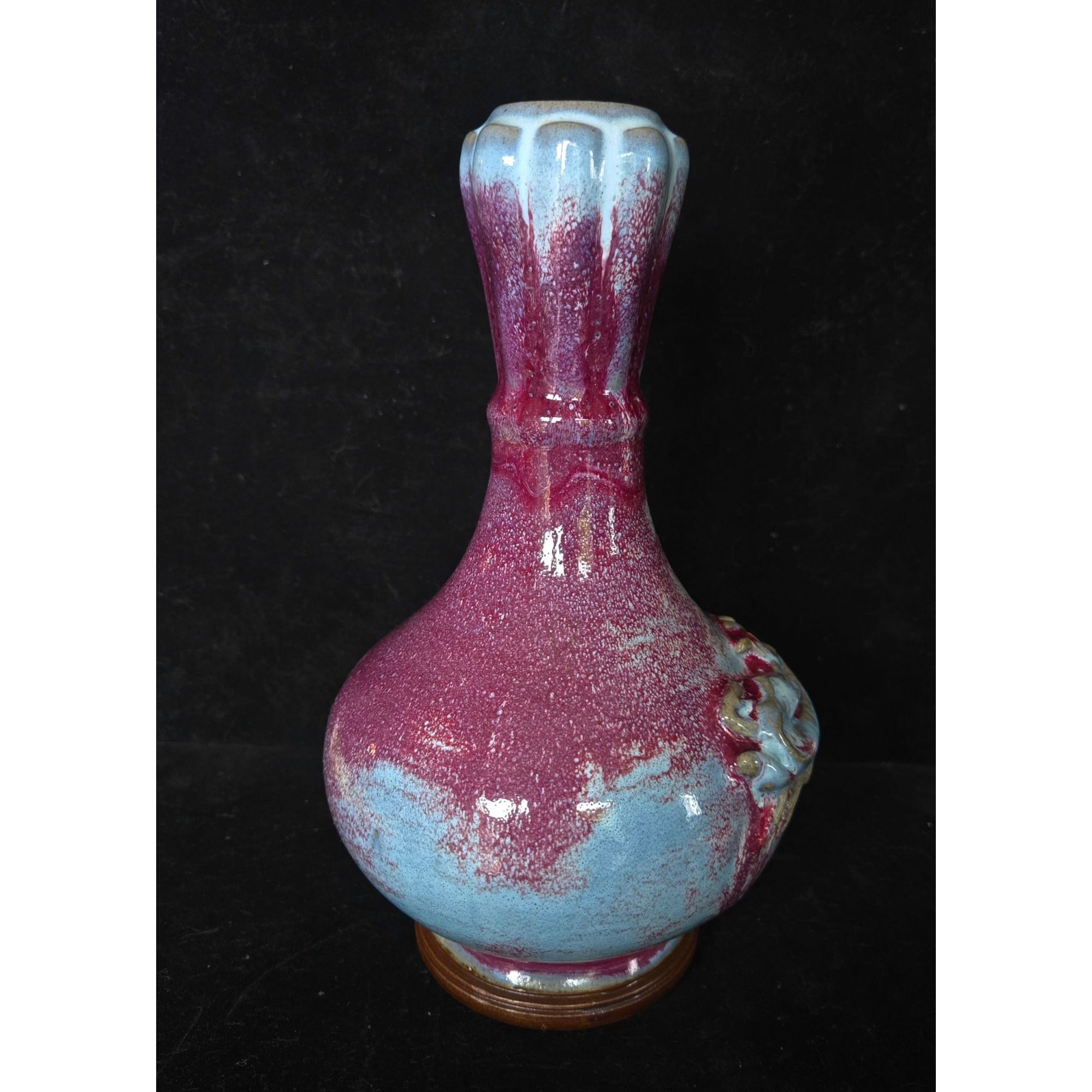 1980s Flambe Chinese Purple & Blue Glazed Ceramic Vase With Dragon Motif 9 in Tall Decorative