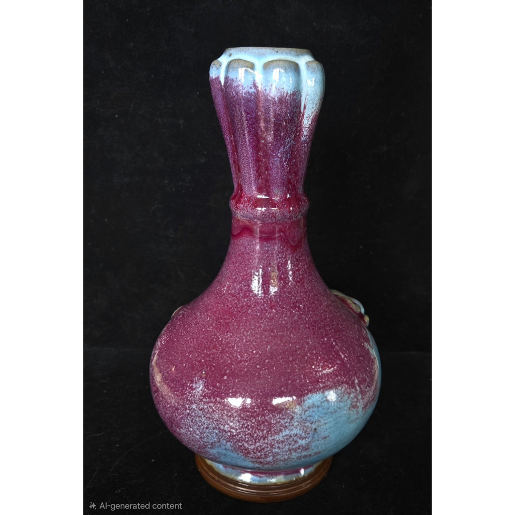 1980s Flambe Chinese Purple & Blue Glazed Ceramic Vase With Dragon Motif 9 in Tall Decorative