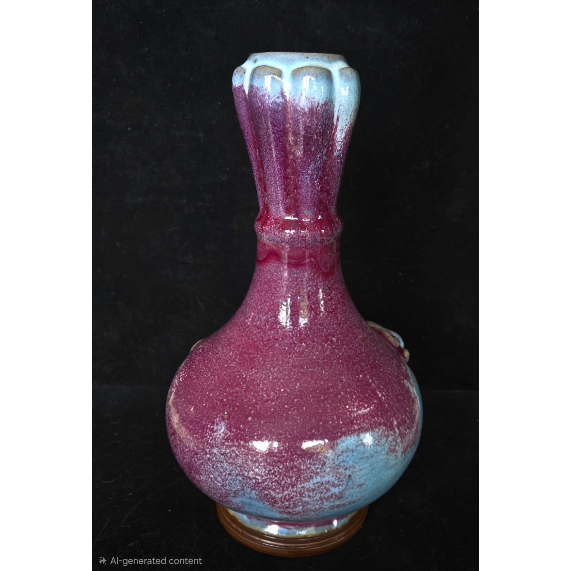 1980s Flambe Chinese Purple & Blue Glazed Ceramic Vase With Dragon Motif 9 in Tall Decorative