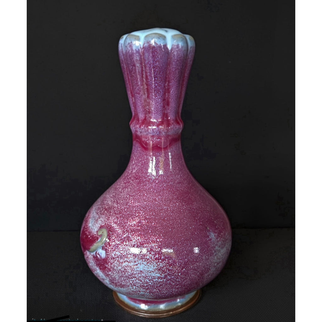 1980s Flambe Chinese Purple & Blue Glazed Ceramic Vase With Dragon Motif 9 in Tall Decorative