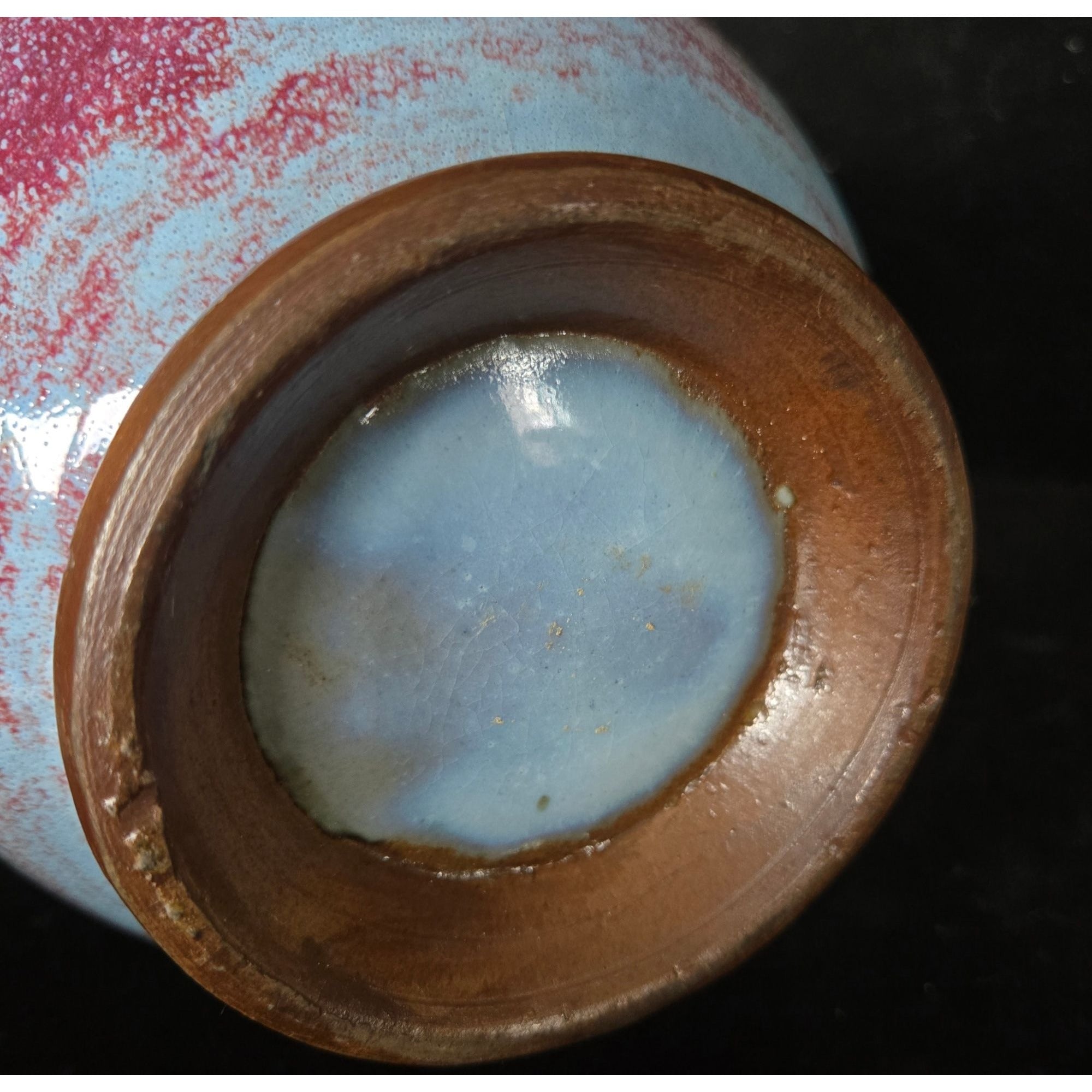 1980s Flambe Chinese Purple & Blue Glazed Ceramic Vase With Dragon Motif 9 in Tall Decorative