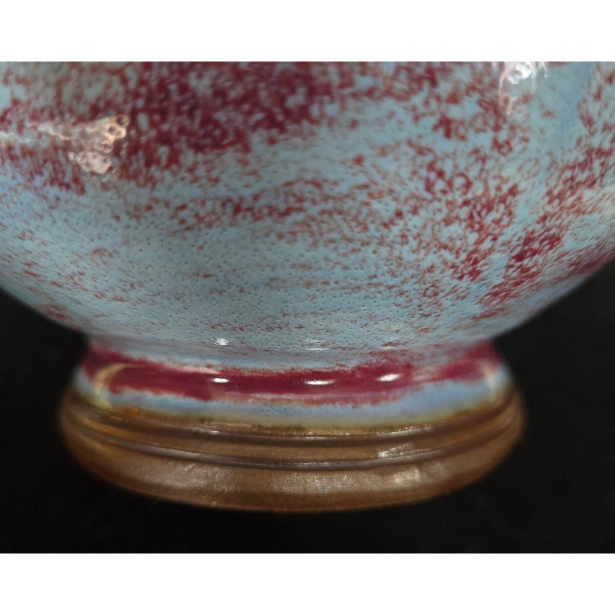 1980s Flambe Chinese Purple & Blue Glazed Ceramic Vase With Dragon Motif 9 in Tall Decorative