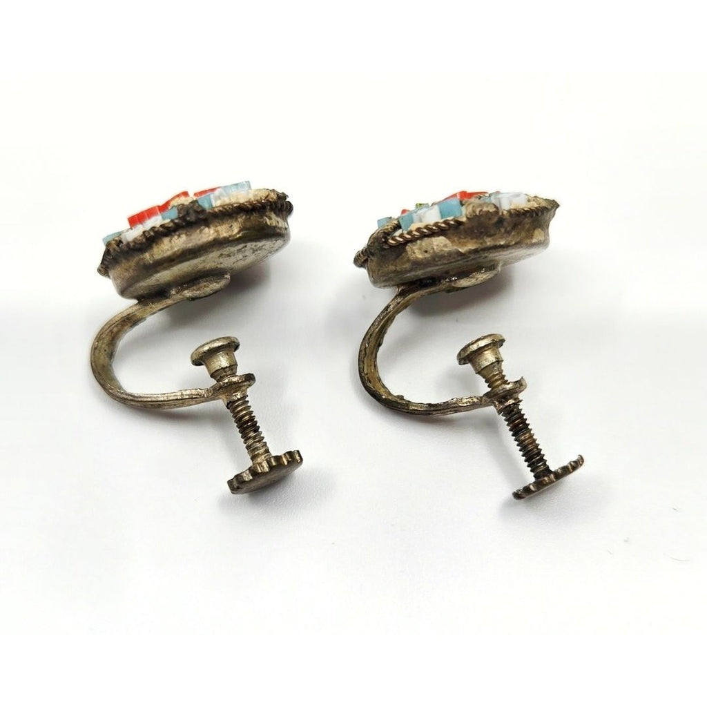 Vintage Italian Micromosaic Earrings Floral Glass Tiles .5 inch Screw Backings