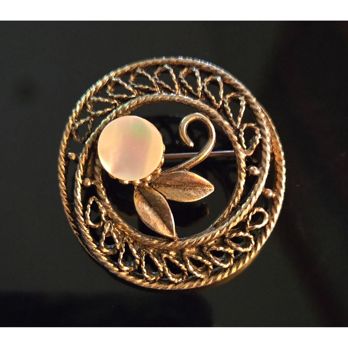 Vintage Gold-Tone Round Filigree Brooch With Leaf & Mother-Of-Pearl Accent Pin