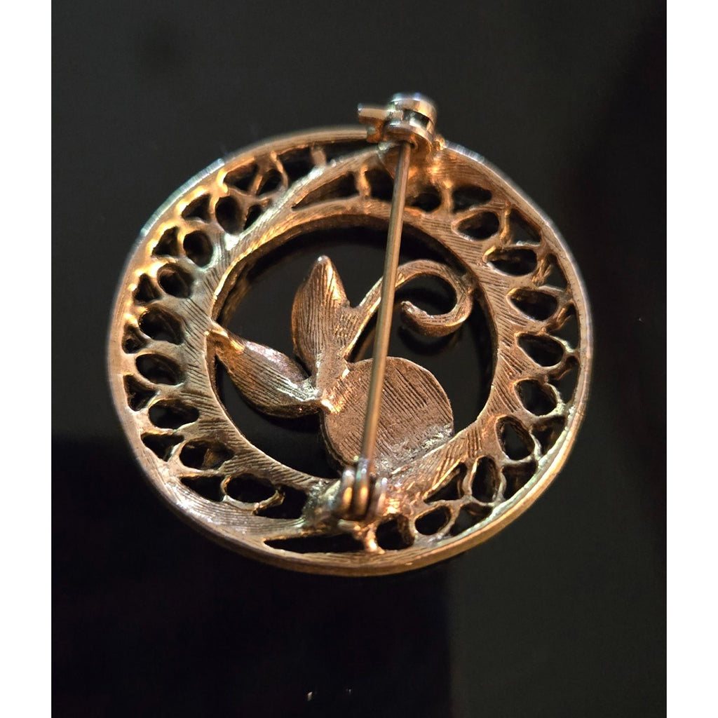 Vintage Gold-Tone Round Filigree Brooch With Leaf & Mother-Of-Pearl Accent Pin