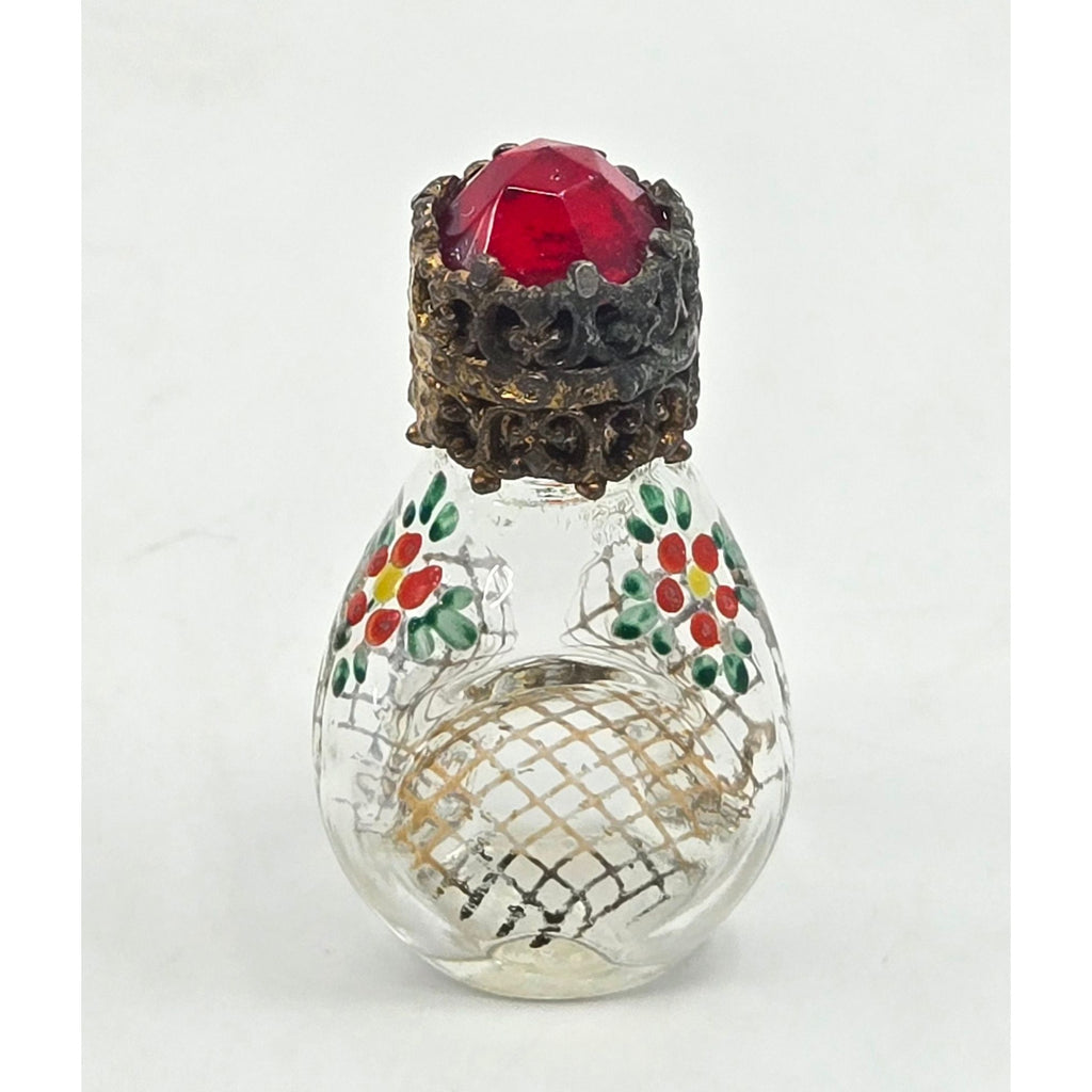 Vintage Miniature Czech Glass Perfume Bottle, Hand Painted Florals, Ormolu, Red Crystal