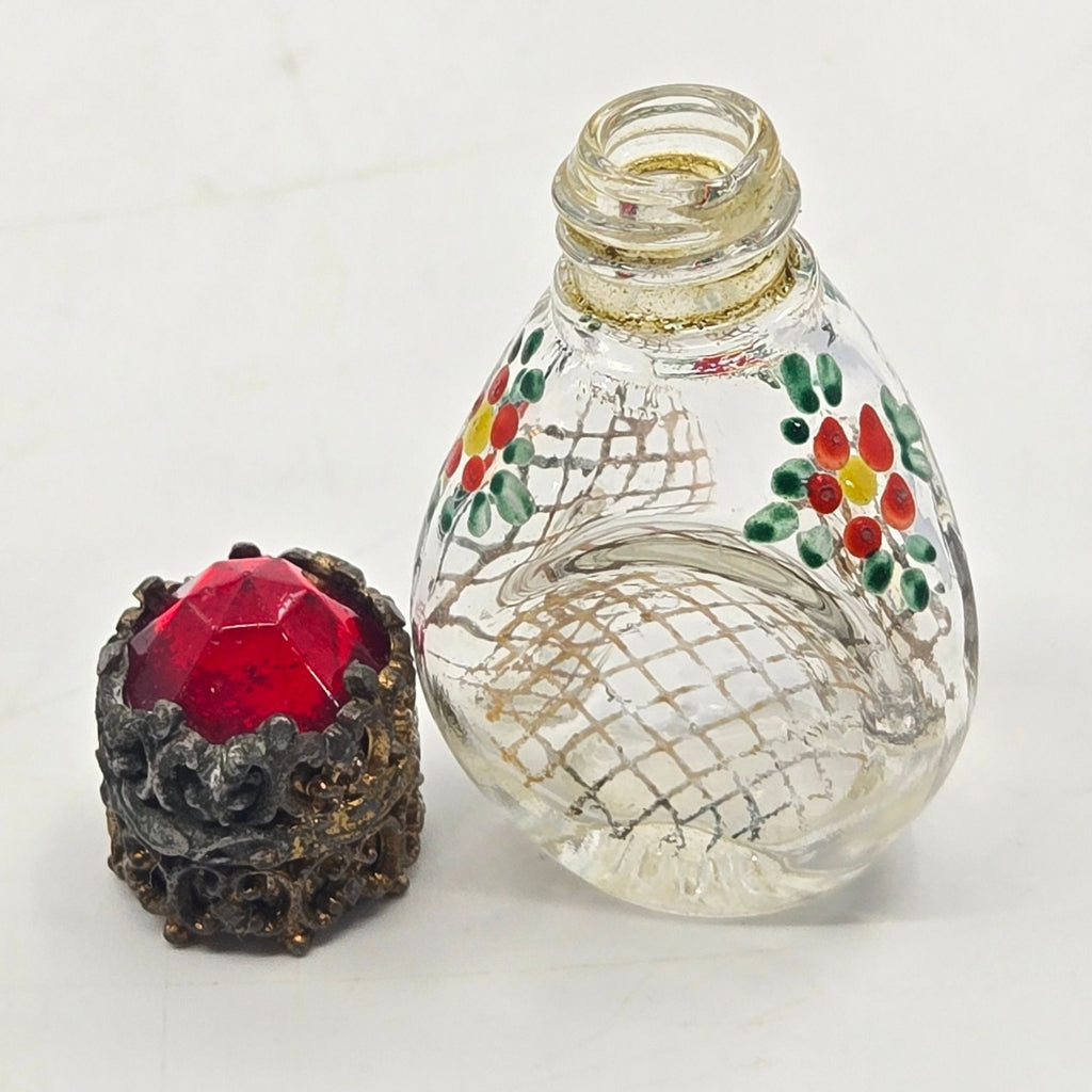 Vintage Miniature Czech Glass Perfume Bottle, Hand Painted Florals, Ormolu, Red Crystal