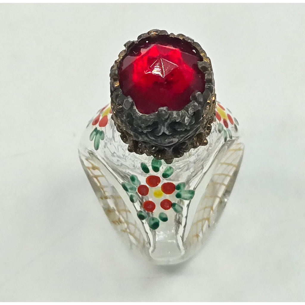 Vintage Miniature Czech Glass Perfume Bottle, Hand Painted Florals, Ormolu, Red Crystal