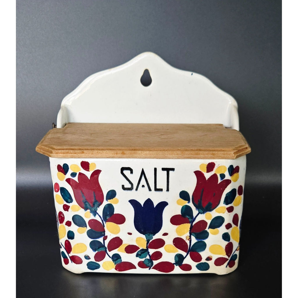 Vintage Ceramic Wall-Mounted Salt Box With Wooden Lid & Hand-Painted Floral Design