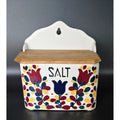 Vintage Ceramic Wall-Mounted Salt Box With Wooden Lid & Hand-Painted Floral Design