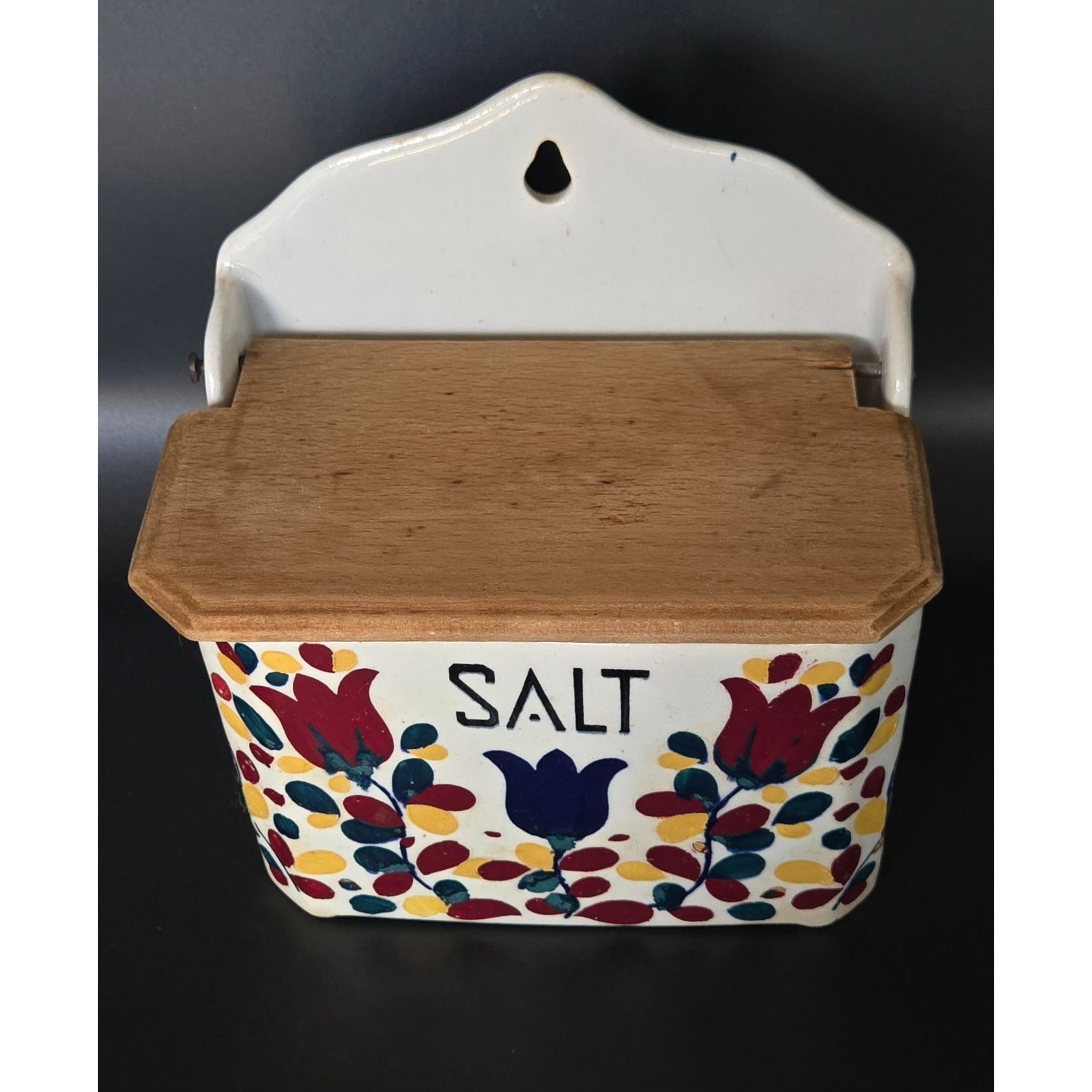 Vintage Ceramic Wall-Mounted Salt Box With Wooden Lid & Hand-Painted Floral Design