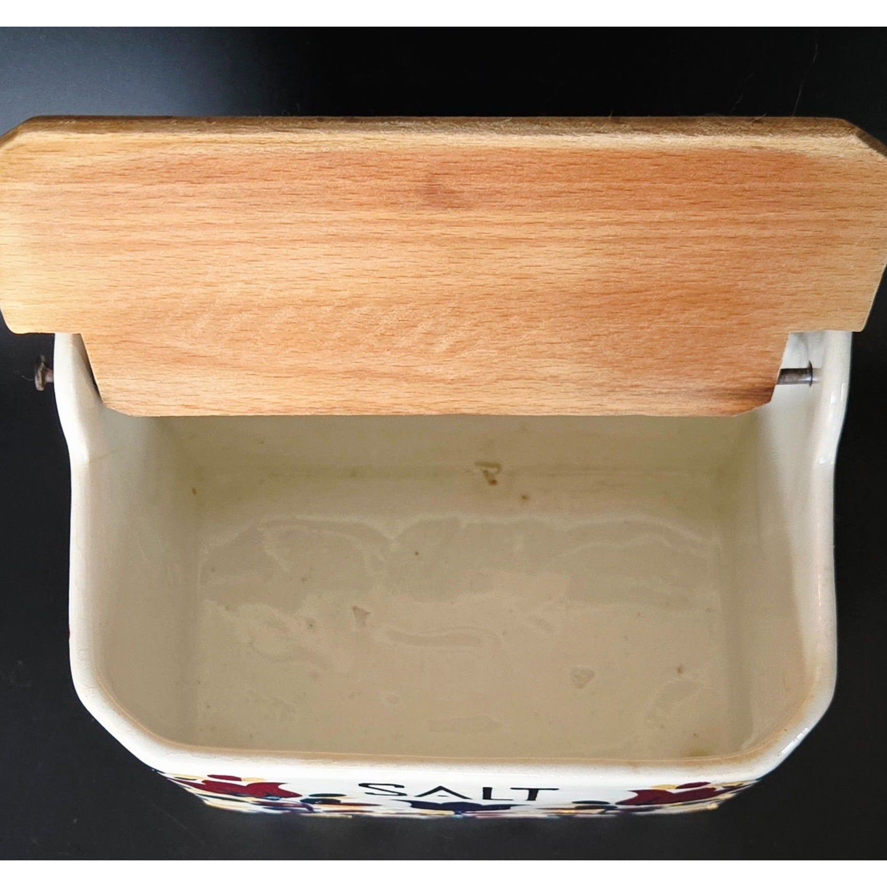 Vintage Ceramic Wall-Mounted Salt Box With Wooden Lid & Hand-Painted Floral Design