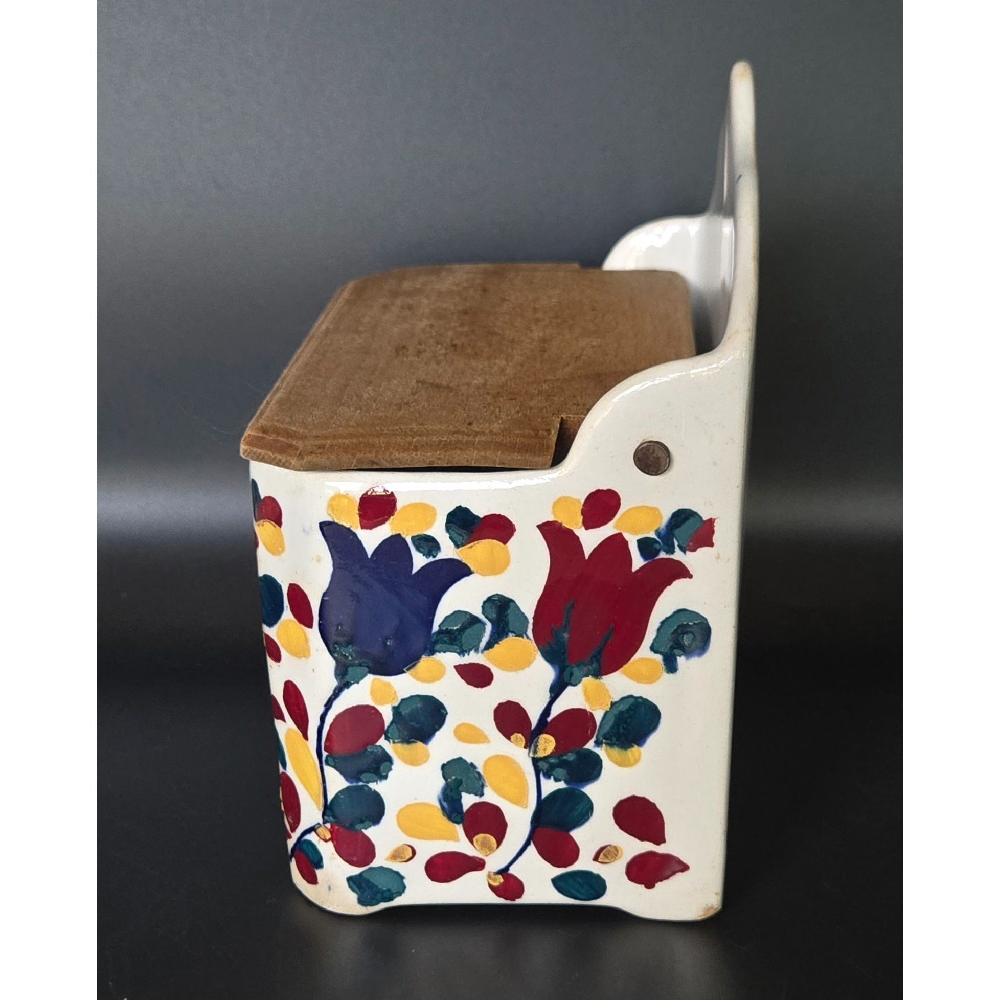 Vintage Ceramic Wall-Mounted Salt Box With Wooden Lid & Hand-Painted Floral Design