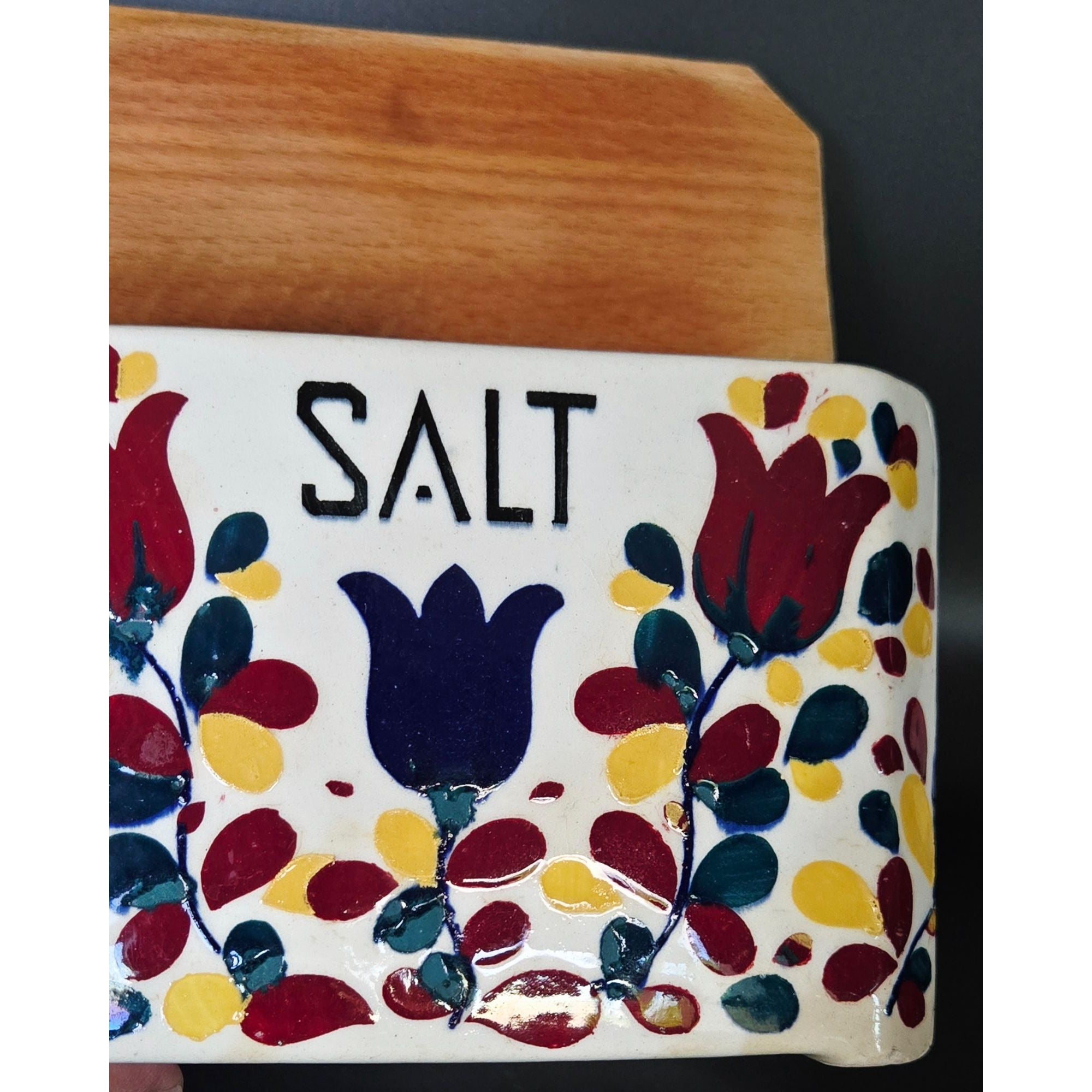 Vintage Ceramic Wall-Mounted Salt Box With Wooden Lid & Hand-Painted Floral Design