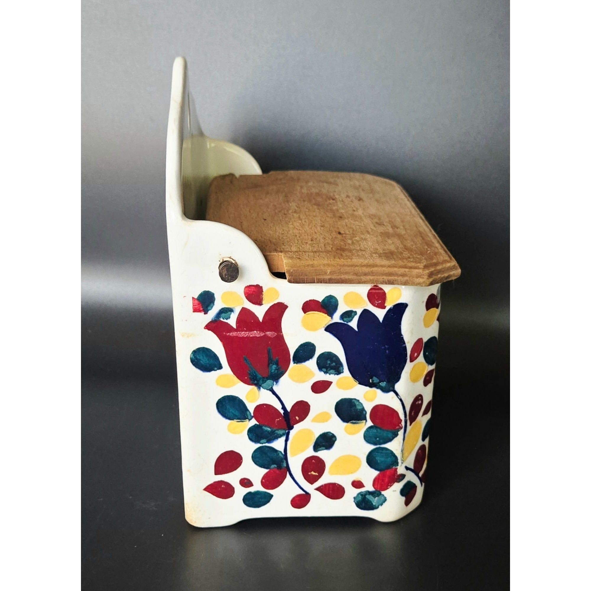 Vintage Ceramic Wall-Mounted Salt Box With Wooden Lid & Hand-Painted Floral Design