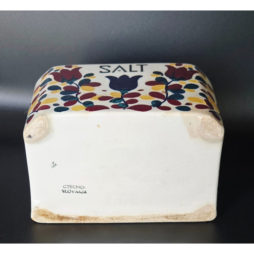 Vintage Ceramic Wall-Mounted Salt Box With Wooden Lid & Hand-Painted Floral Design