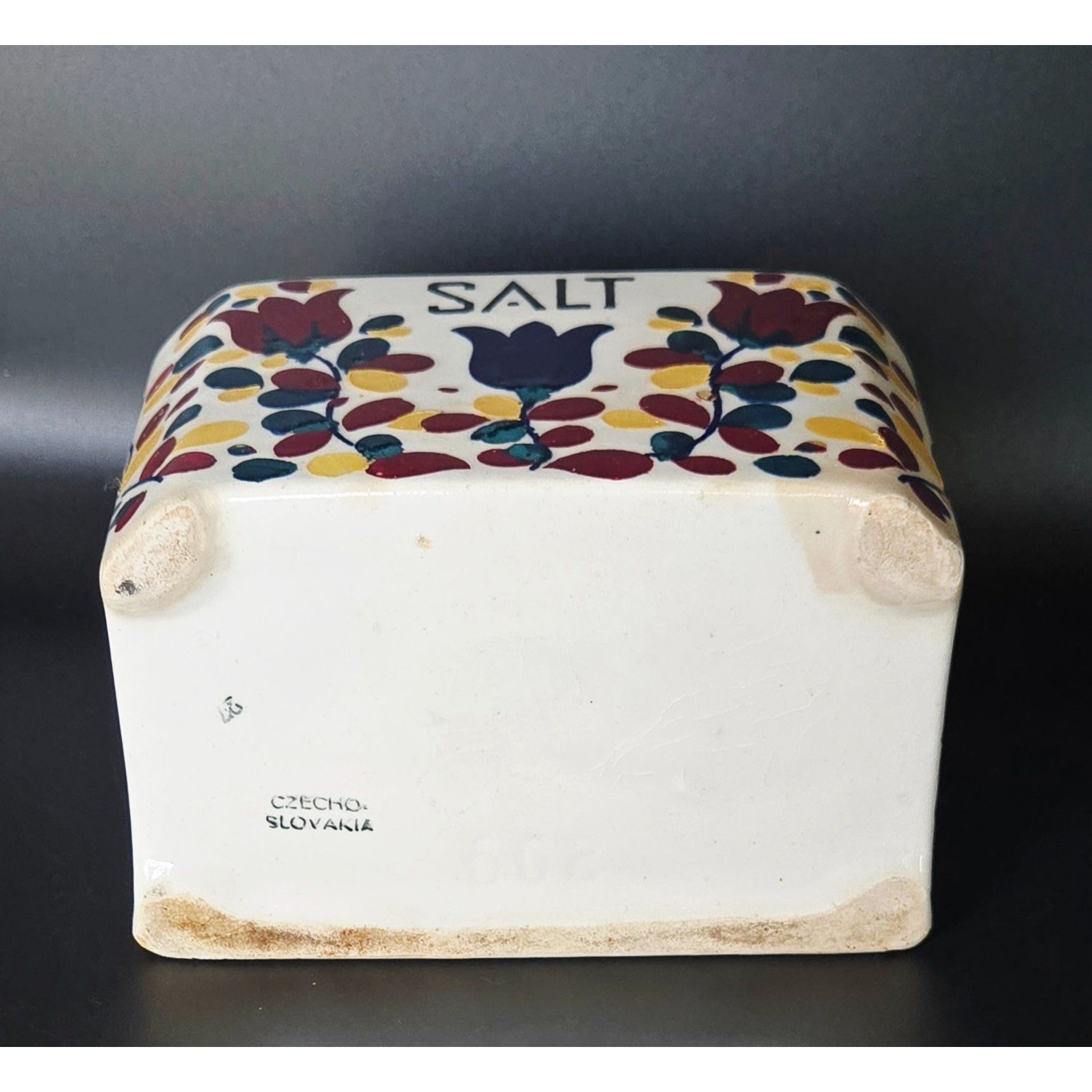 Vintage Ceramic Wall-Mounted Salt Box With Wooden Lid & Hand-Painted Floral Design