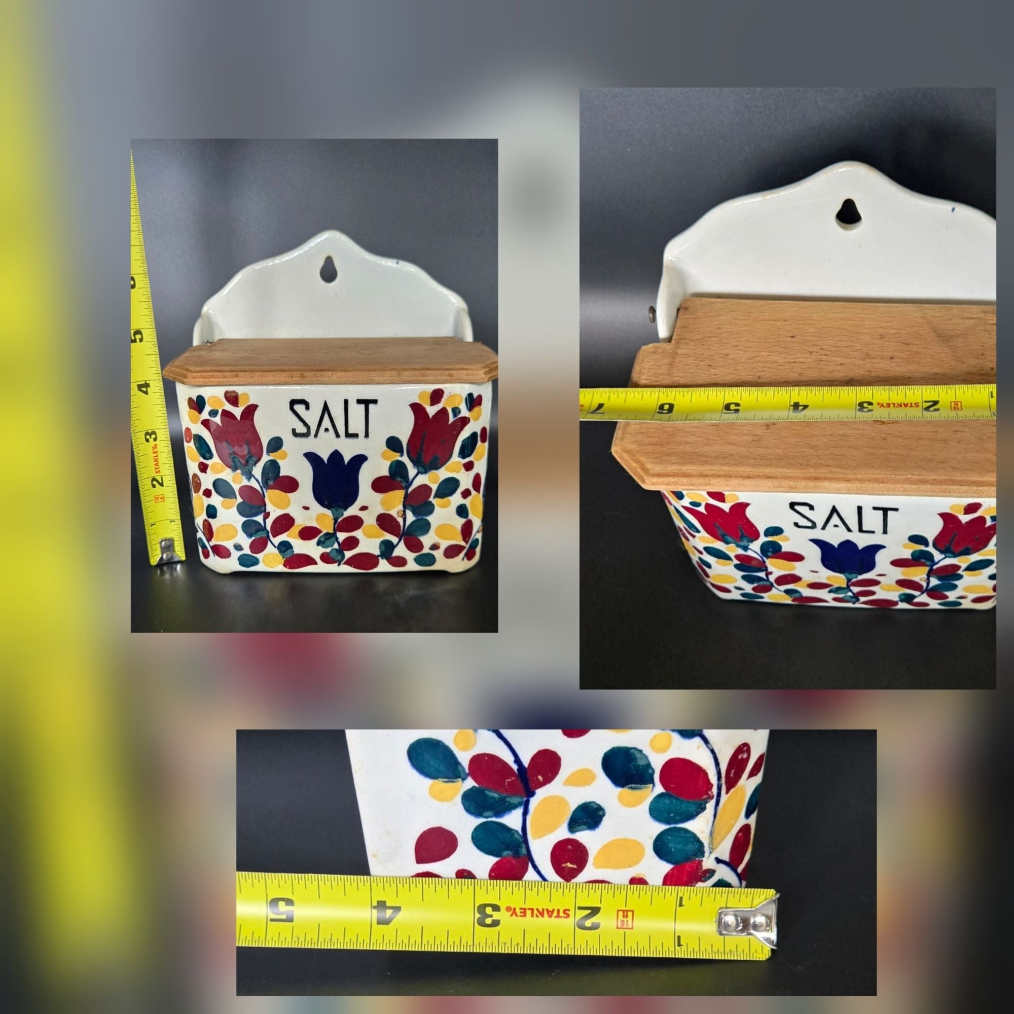 Vintage Ceramic Wall-Mounted Salt Box With Wooden Lid & Hand-Painted Floral Design