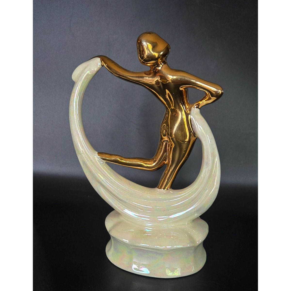 Gold & Iridescent Ceramic Dancing Figurine - Elegant Home Decor - 8" Tall