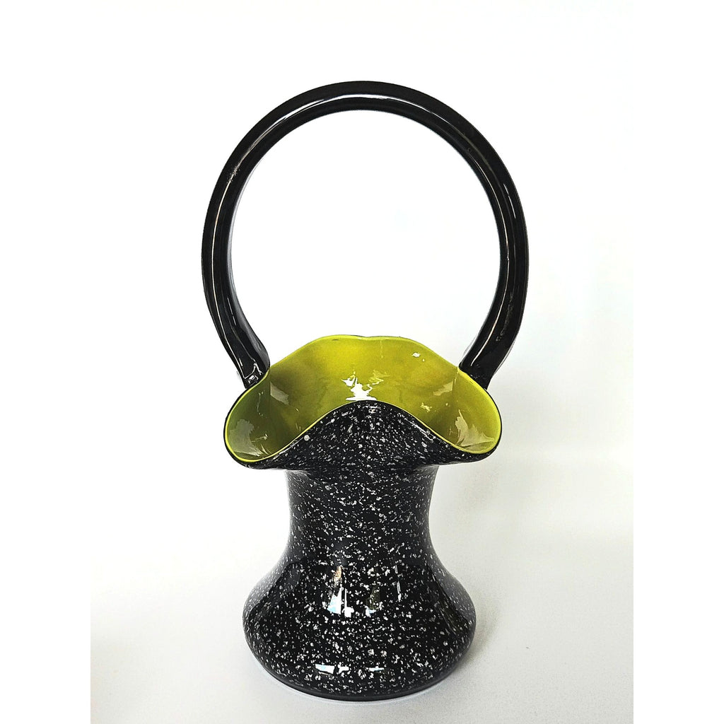 Czech Glass Welz Black & Green Silver Speckled Basket Vase - 8 Inches Tall