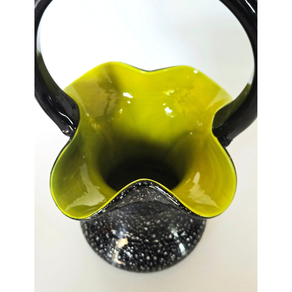 Czech Glass Welz Black & Green Silver Speckled Basket Vase - 8 Inches Tall