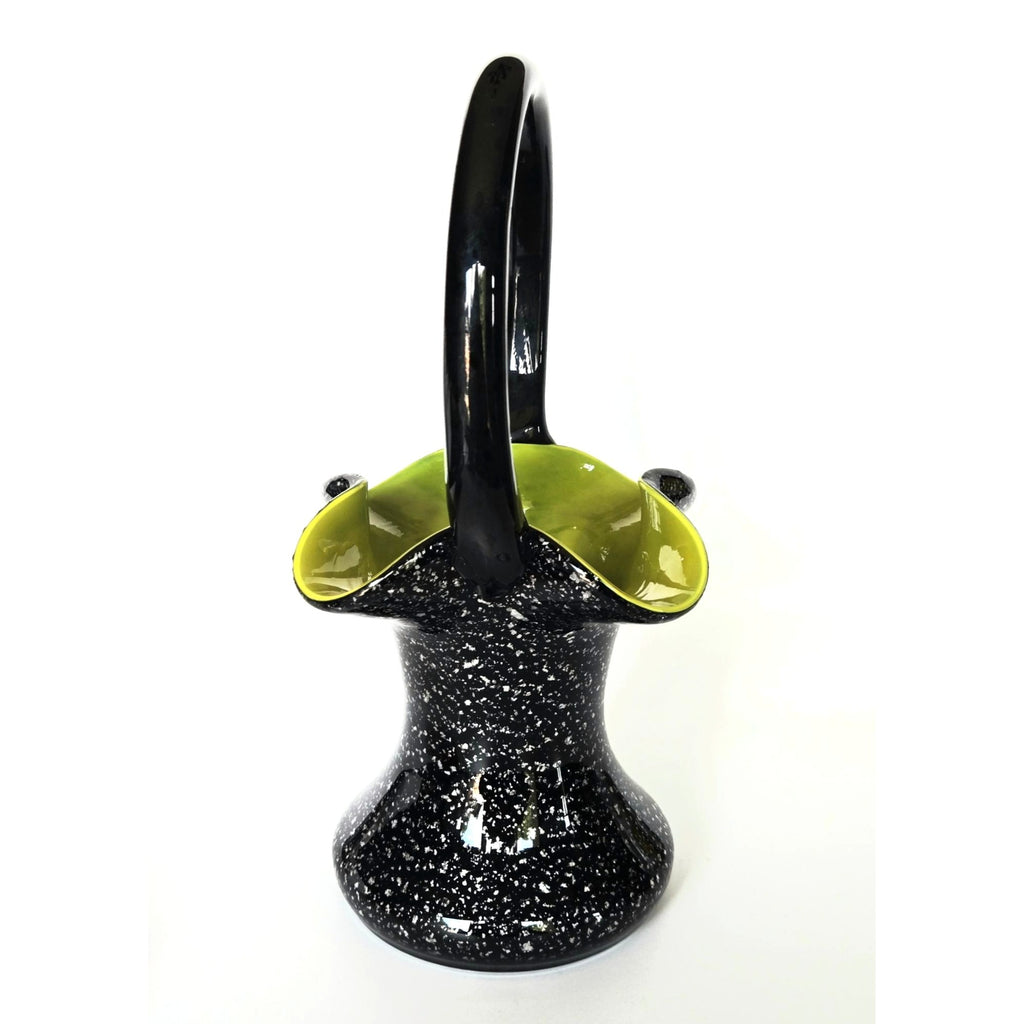 Czech Glass Welz Black & Green Silver Speckled Basket Vase - 8 Inches Tall