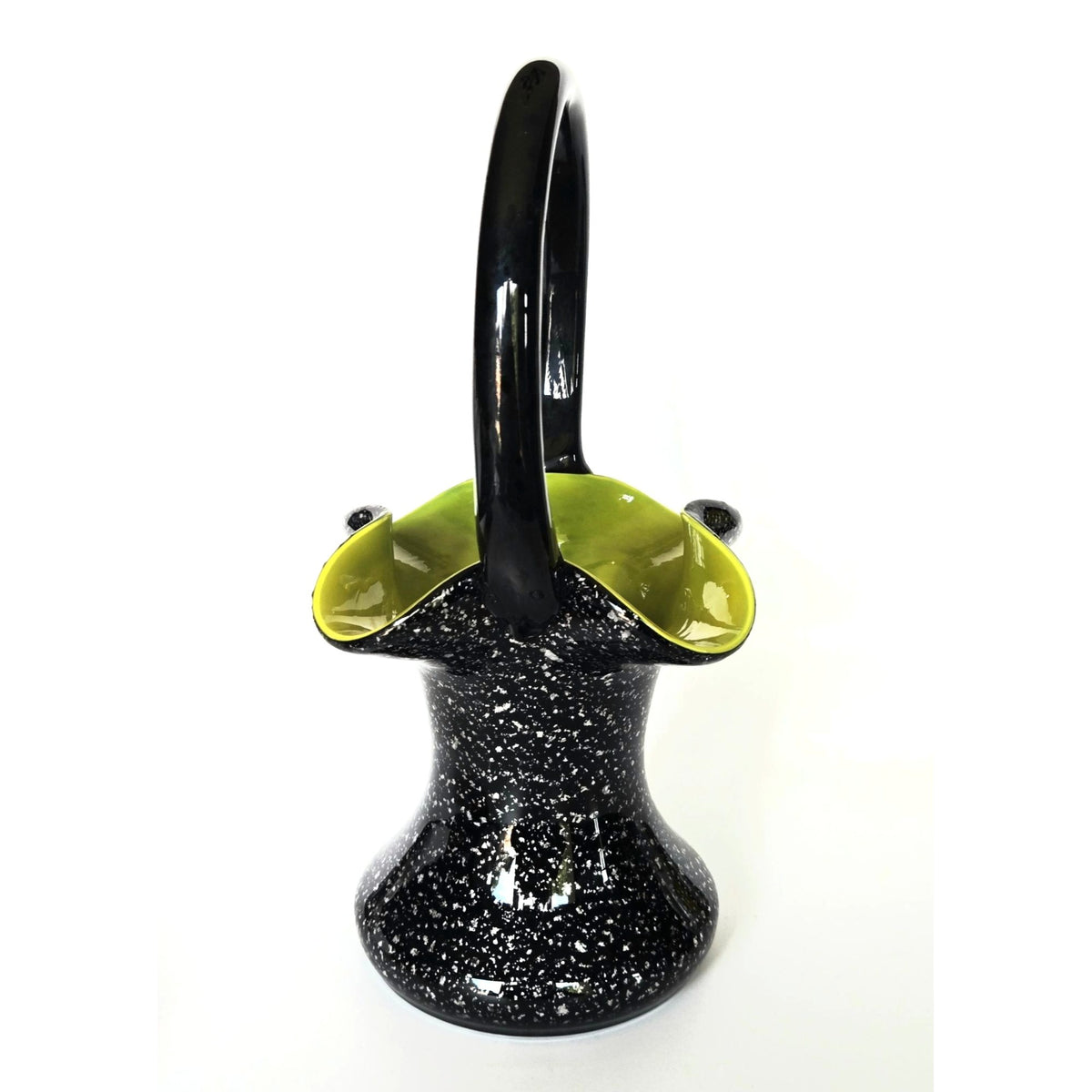 Czech Glass Welz Black & Green Silver Speckled Basket Vase - 8 Inches Tall