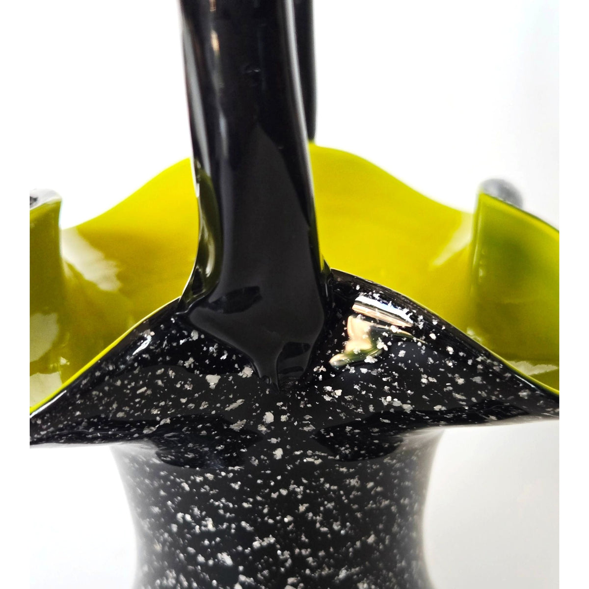 Czech Glass Welz Black & Green Silver Speckled Basket Vase - 8 Inches Tall