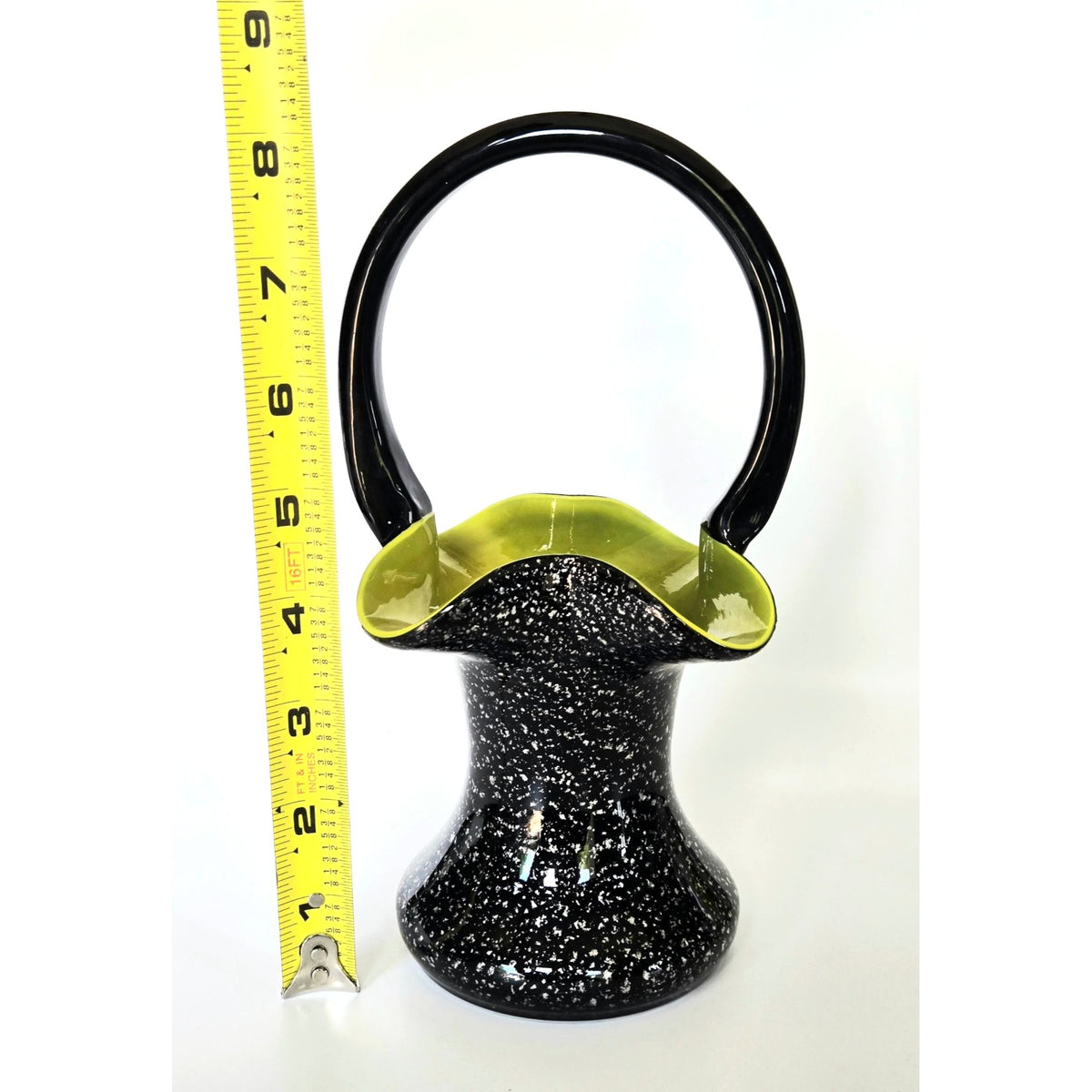 Czech Glass Welz Black & Green Silver Speckled Basket Vase - 8 Inches Tall