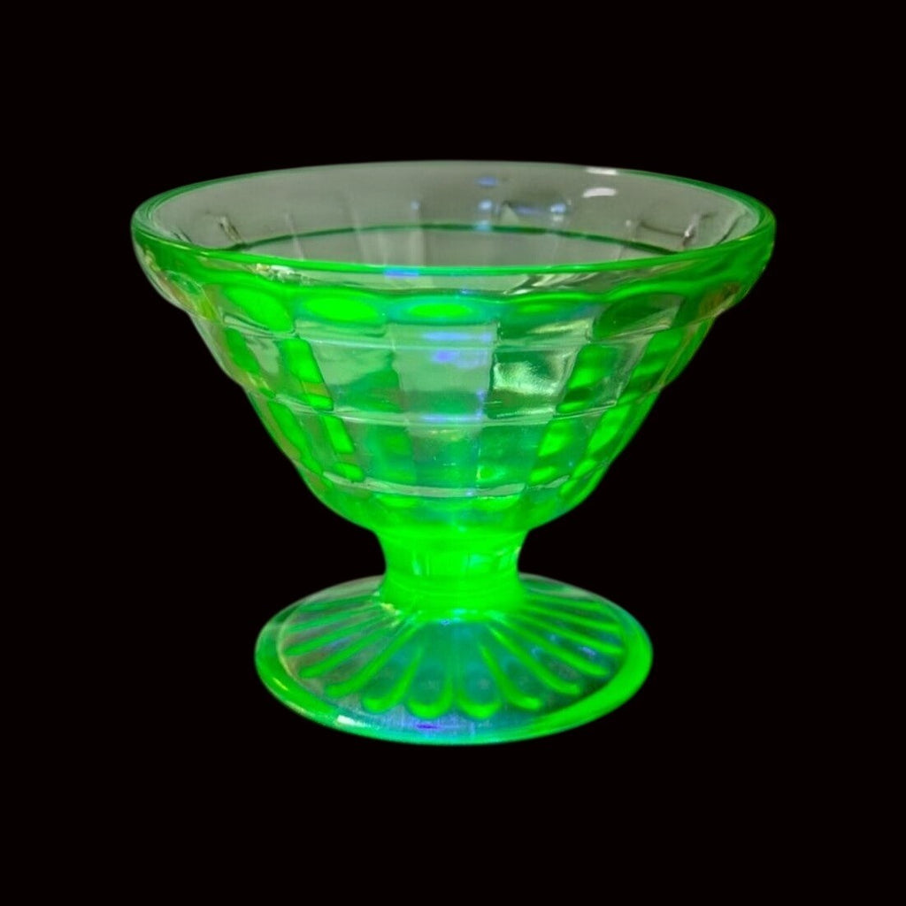 Vintage Anchor Hocking Uranium Glass Sherbet Dish Checked Pattern Glows UV