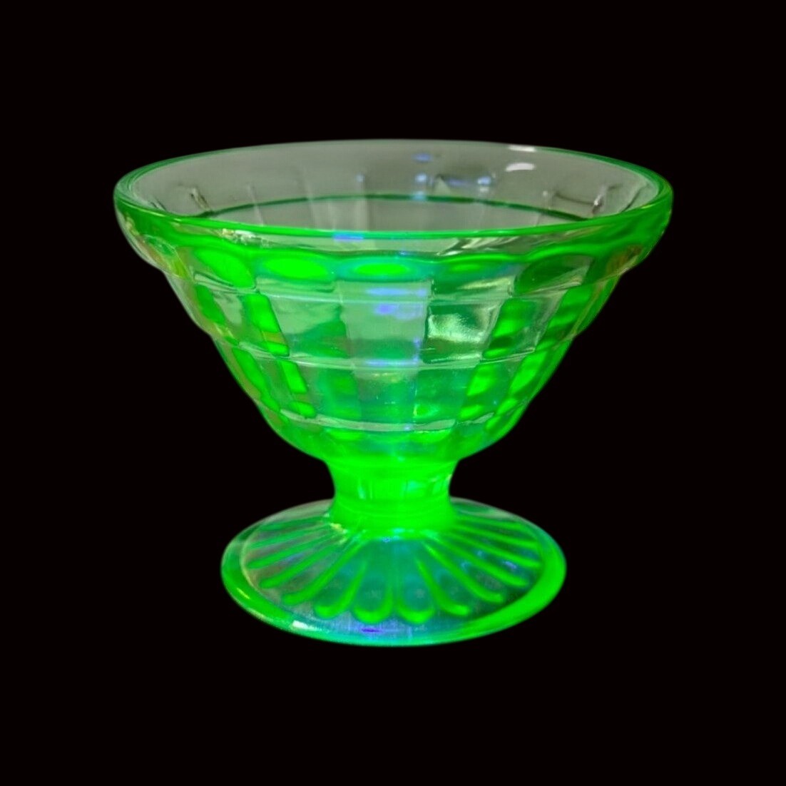 Vintage Anchor Hocking Uranium Glass Sherbet Dish Checked Pattern Glows UV