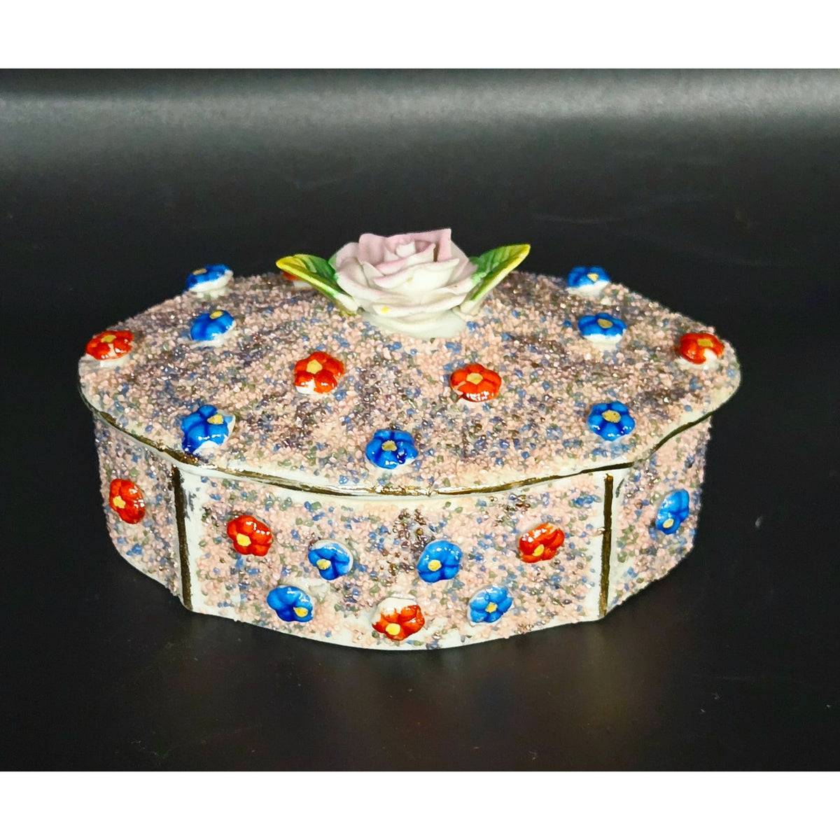 Occupied Japan Porcelain Trinket Box With Raised Florals Design & Pink Frit