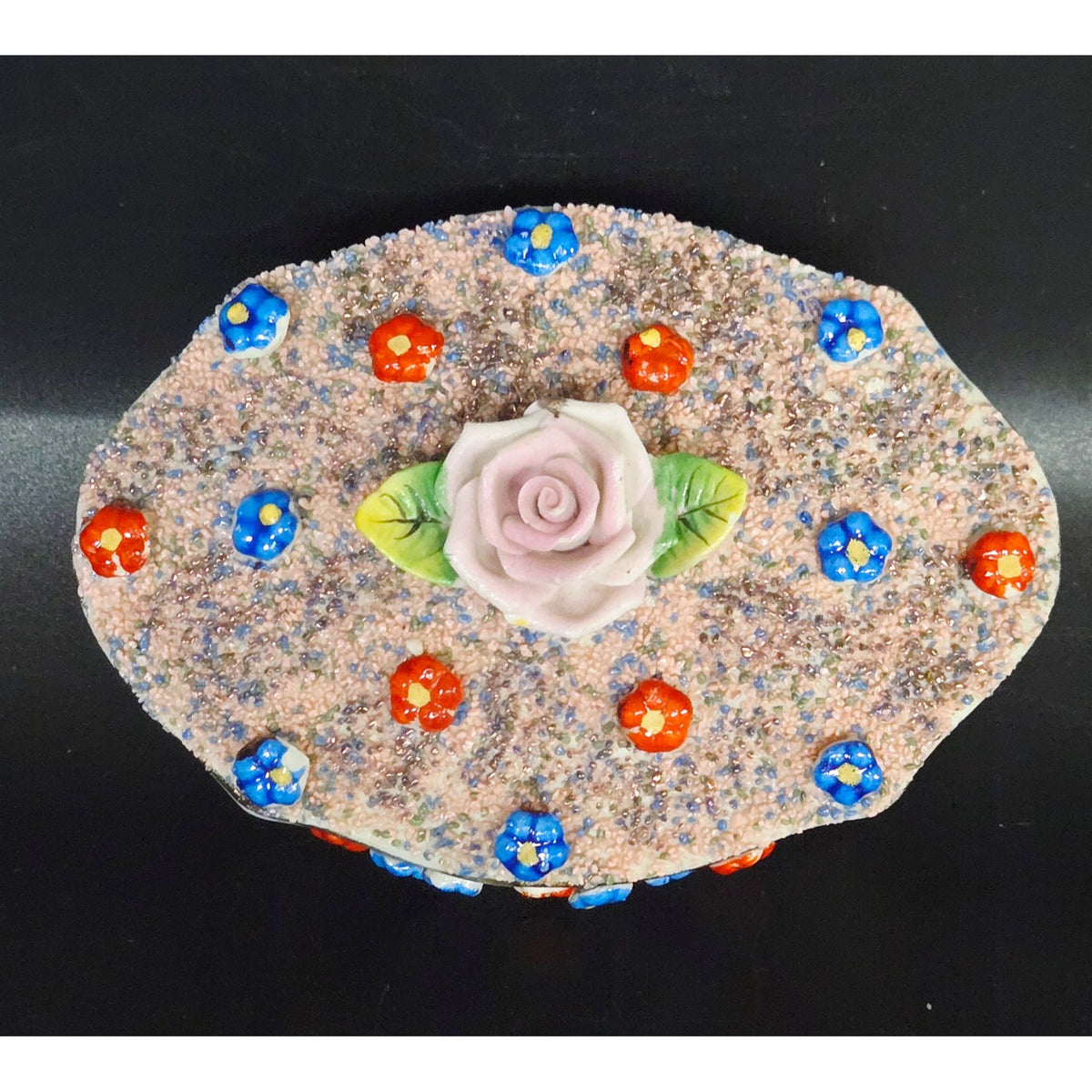 Occupied Japan Porcelain Trinket Box With Raised Florals Design & Pink Frit
