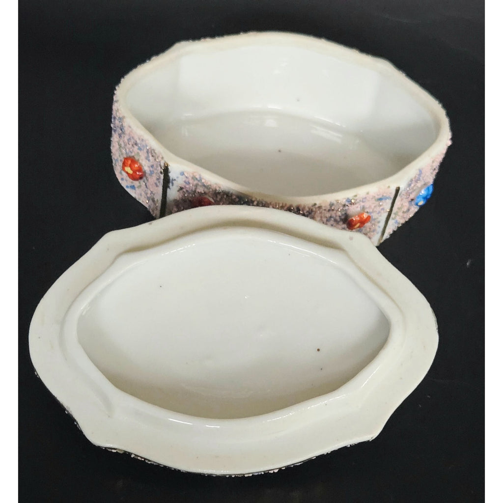 Occupied Japan Porcelain Trinket Box With Raised Florals Design & Pink Frit
