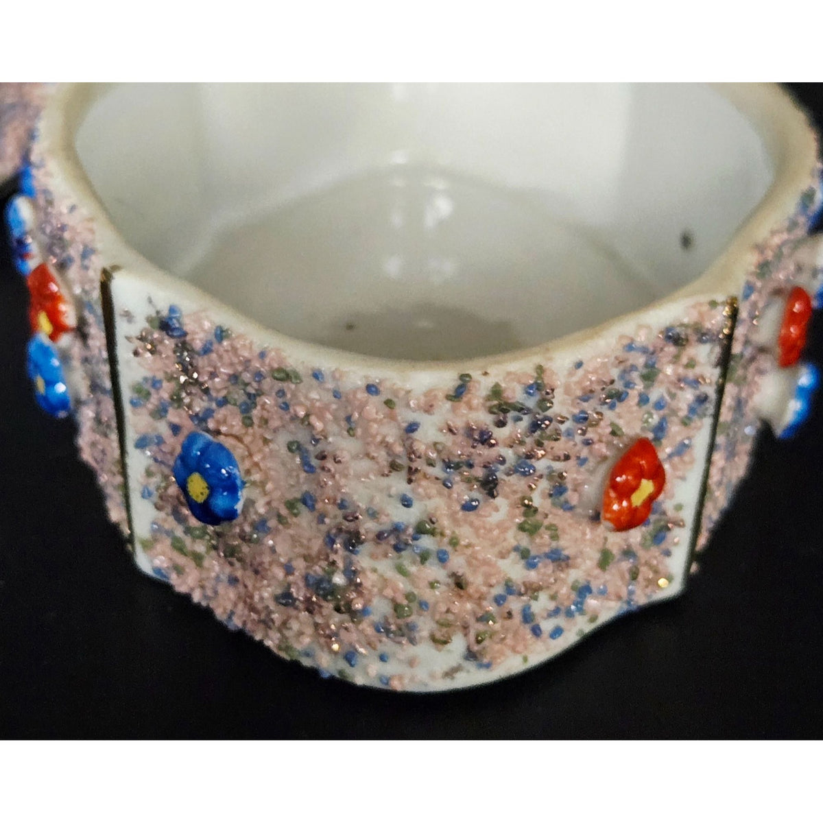 Occupied Japan Porcelain Trinket Box With Raised Florals Design & Pink Frit