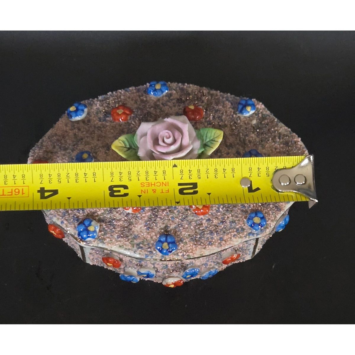 Occupied Japan Porcelain Trinket Box With Raised Florals Design & Pink Frit