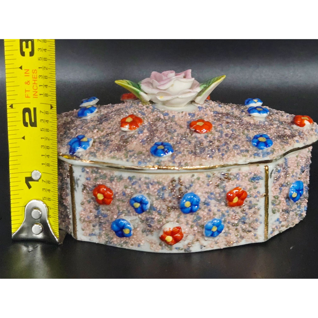 Occupied Japan Porcelain Trinket Box With Raised Florals Design & Pink Frit